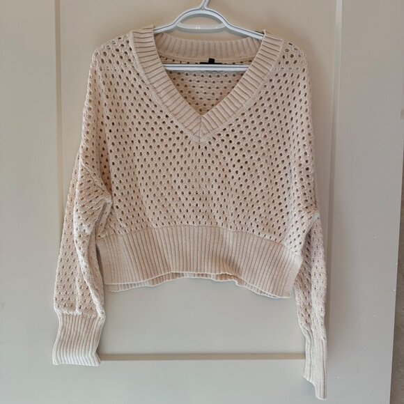 Dynamite P/S Open-Knit V-Neck Cropped Sweater Beige 100% Cotton Long Sleeve - Picture 2 of 9